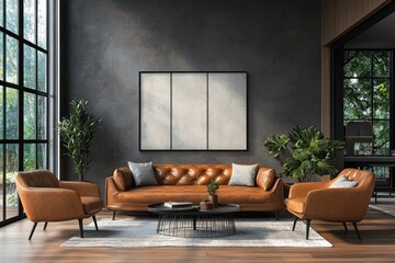 Cozy Modern Living Room with Leather Sofa Stylish Armchairs and Natural Light