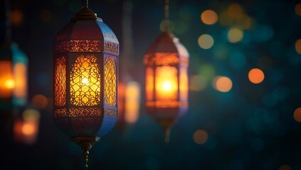 Illuminated lanterns hanging, festive bokeh background, Ramadan celebration