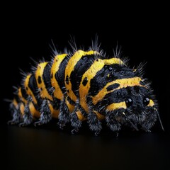 Close-up of fuzzy black and yellow caterpillar against a black background