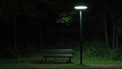 A park bench under a street light in a dark forest at night