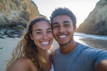 Young diverse biracial couple taking a selfie at the beach and having fun outside.