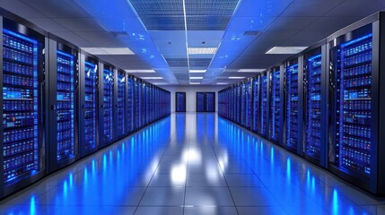 Fototapeta premium Futuristic Data Center with Server Racks and Blue LED Lighting in Hyper-Realistic Detail
