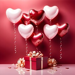 gift box with heart shaped balloons