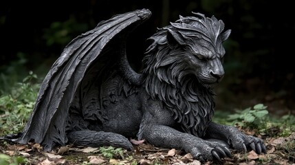Winged lion statue, garden setting, dark background, fantasy decor