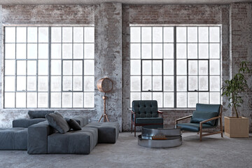Obraz premium Industrial loft with large windows, dark sofa, and plants.