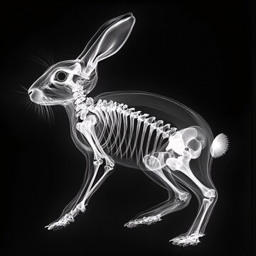 Detailed x-ray image of rabbit skeleton on black background