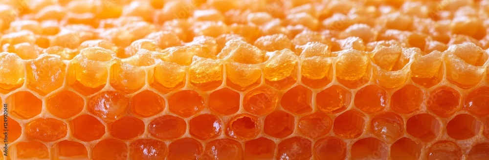 Poster closeup view of honeycombs, showcasing intricate hexagonal patterns in warm golden hues