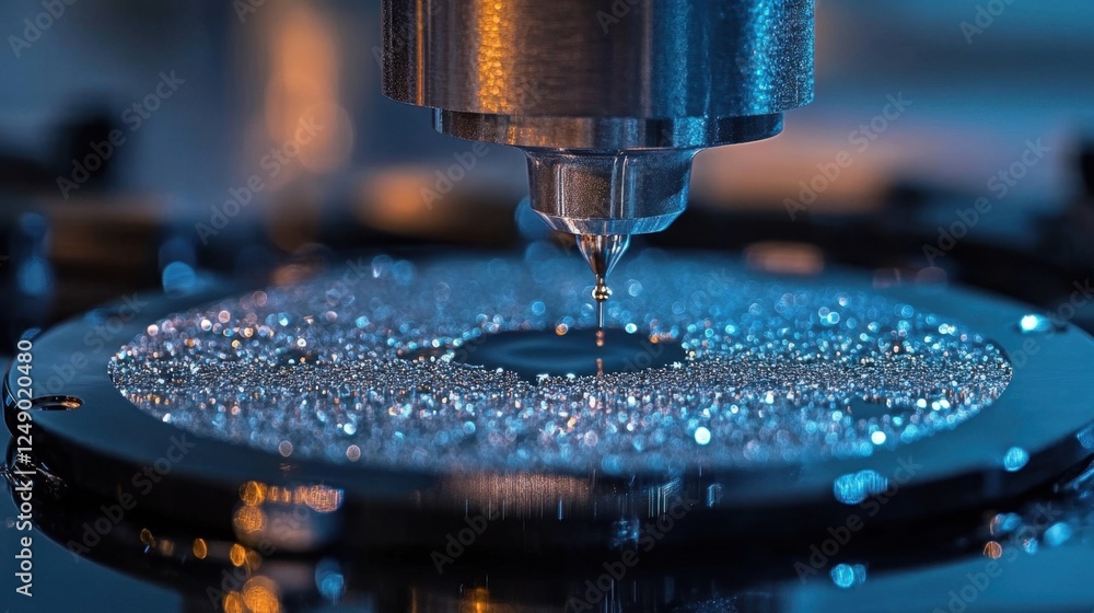 Poster close up of a precision instrument depositing a liquid droplet on a microchip surface, showcasing ad