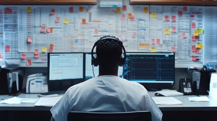 Healthcare professional monitors patient data and charts in a busy medical office environment