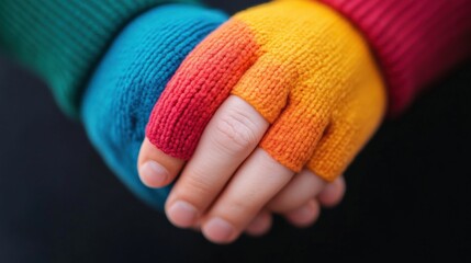 close-up of two hands holding each other wearing colorful knitted gloves