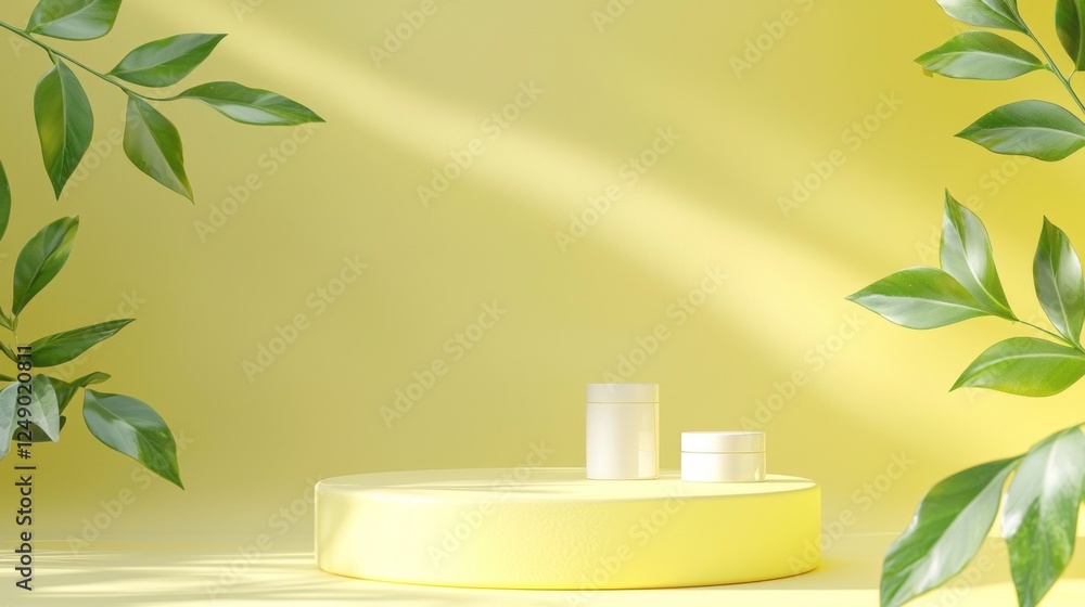 Poster a striking yellow backdrop highlights a circular podium displaying two cosmetic containers. lush gre