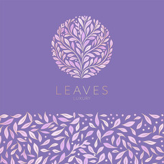 Gold and lavender emblem with flower and leaves. Can be used for jewelry, beauty and fashion industry. Great for logo, monogram, invitation, flyer, menu, background, or any desired idea.