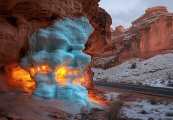 Icy formations illuminated by warm light within a rock cave, with a paved road visible in the background. Snowy landscape surrounds the cave