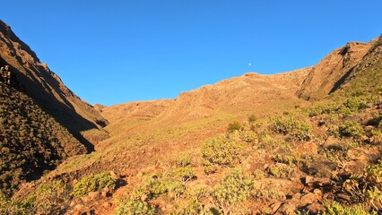 sonnendurchflutetes idyllisches Tal auf Lanzarote, Kanaren, Wandern, Flora, Natur, Sonnenstrahlen, einsam, ruhig, Pfad, steinig, Berge