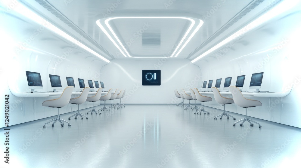Poster futuristic office space featuring sleek design and advanced technology in a minimalistic environment