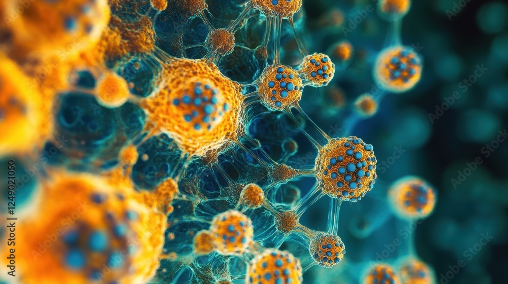 Poster microscopic view of cells interacting and communicating within a complex biological network, exchang