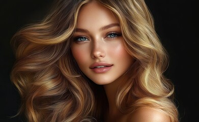 Naklejka premium Beautiful blonde woman with long wavy hair glowing skin and makeup portrait fashion beauty model