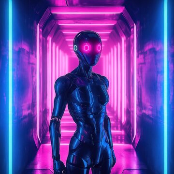 Cyberpunk Robot in Neon Corridor Surrounded by Glowing Lights and Shadows in Futuristic Digital World