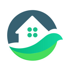 The design shows a house silhouette over waves, symbolizing construction, cleaning, and ecology.