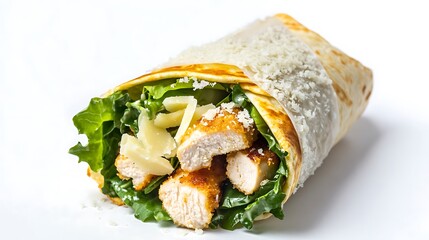 A crispy chicken Caesar wrap with fresh romaine and Parmesan, neatly folded and displayed on a white background