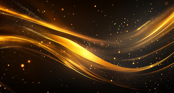 Abstract golden background with light rays and sparkles, glowing lights for product presentation on a dark brown background. Vector illustration.