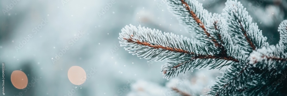 Poster snow gently falling on a frosted pine tree branch creates a magical winter wonderland, with a serene