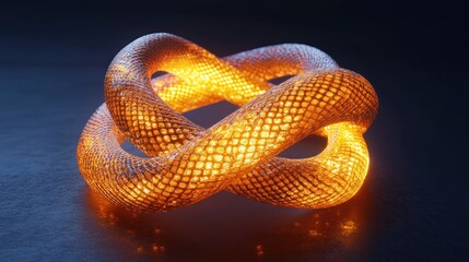 Fototapeta premium A 3D visualization of a Möbius strip, glowing with golden light against a dark background