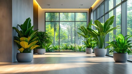 Fototapeta premium Modern office features tropical plants and floor-to-ceiling windows, combining minimalist design with natural elements through bright LED lighting, light wood floors, and gray planters white walls.