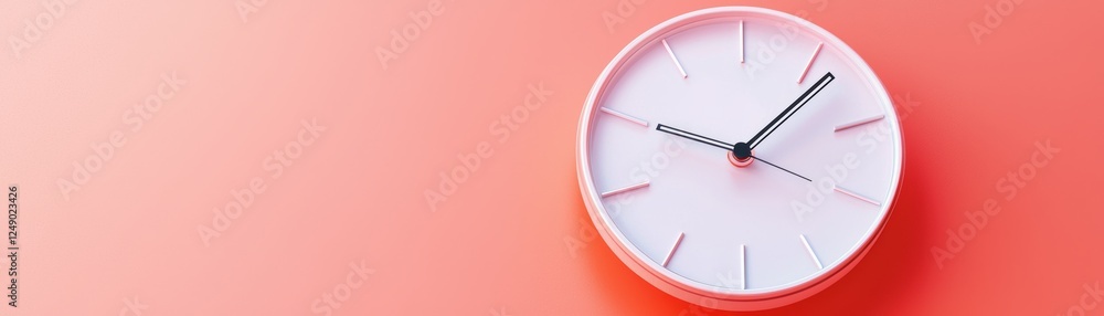 Poster a minimalist clock on a coral background, highlighting the passage of time with its sleek design and