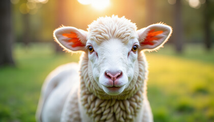 Obraz premium Close-up of a fluffy sheep's face in a field during sunset with a soft glowing background