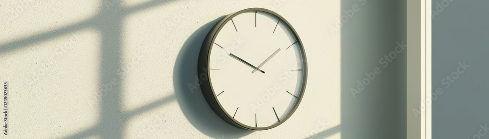 Poster a minimalist wall clock hangs on a light-colored wall, casting soft shadows, symbolizing the passage