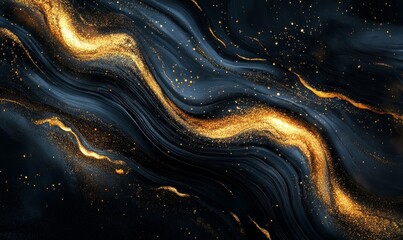Abstract fluid art with dark blue and gold hues. The swirling patterns create a sense of movement and energy. The gold flecks add a touch of luxury and sparkle. 