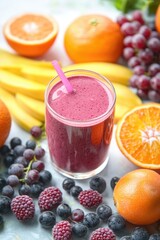 Colorful assortment of fruits and a glass of nutritious smoothie