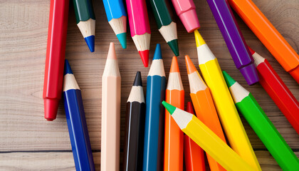 Fototapeta premium Composition of colorful crayons on wooden background, color sketch. with white shades