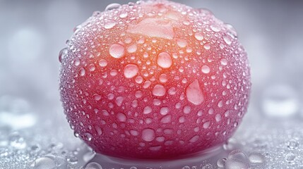 Close-up of a wet, rosy plum on a reflective surface, blurred background