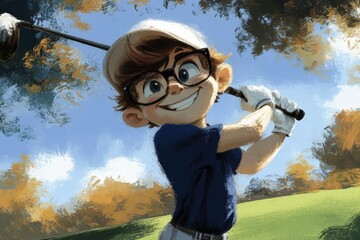 Fototapeta premium Happy boy with glasses swinging a golf club on a sunny day