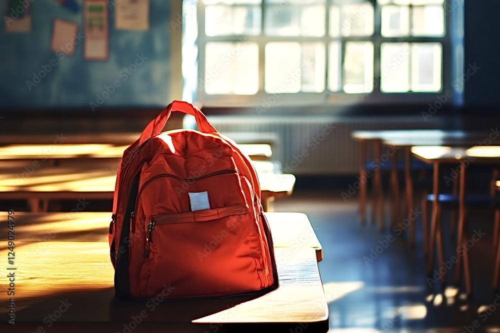Aufkleber red backpack sits on a wooden desk in an empty classroom, bathed in warm sunlight streaming through 