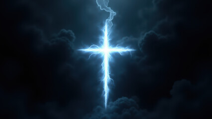 Fototapeta premium An electric blue cross superimposed on a dark cloudy sky background, symbolizing faith and divine power amidst turbulent conditions.