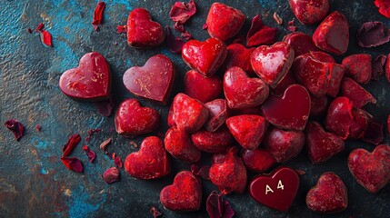 Fototapeta premium A chocolate bouquet for Valentine's Day, including chocolates of different shapes and surrounded by red and white rose petals on a dark backdrop