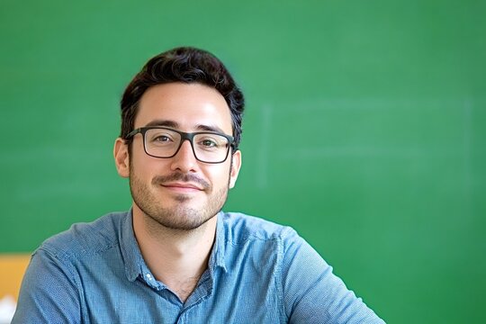 Young man with glasses and a confident smile sitting against a green background, suggesting a relaxed yet professional environment. Ideal for business and educational themes