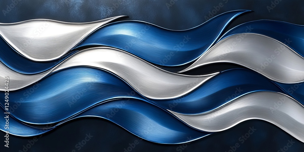 Poster abstract blue and white wavy lines on a dark background. the lines are shiny and metallic, creating 