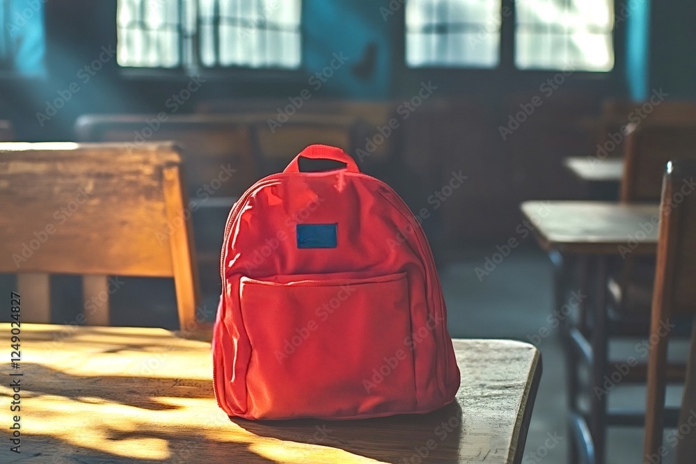 Aufkleber bright red backpack sits on a wooden desk in an empty classroom, illuminated by soft sunlight stream