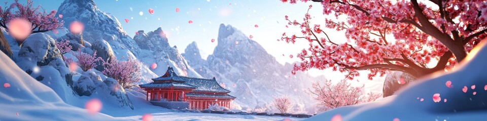 Fototapeta premium Traditional Asian Architecture Nestled in Snow-Covered Mountain Landscape with Cherry Blossoms