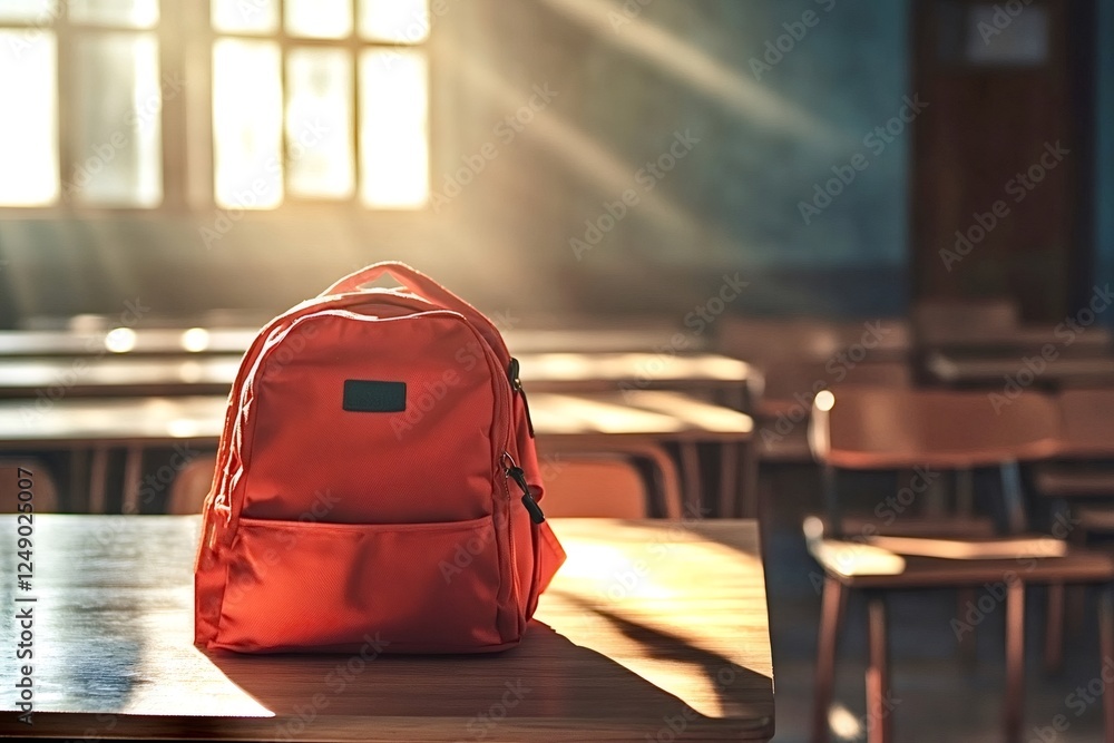 Aufkleber vibrant orange backpack sits prominently on a desk in an empty classroom. sunlight streams through t