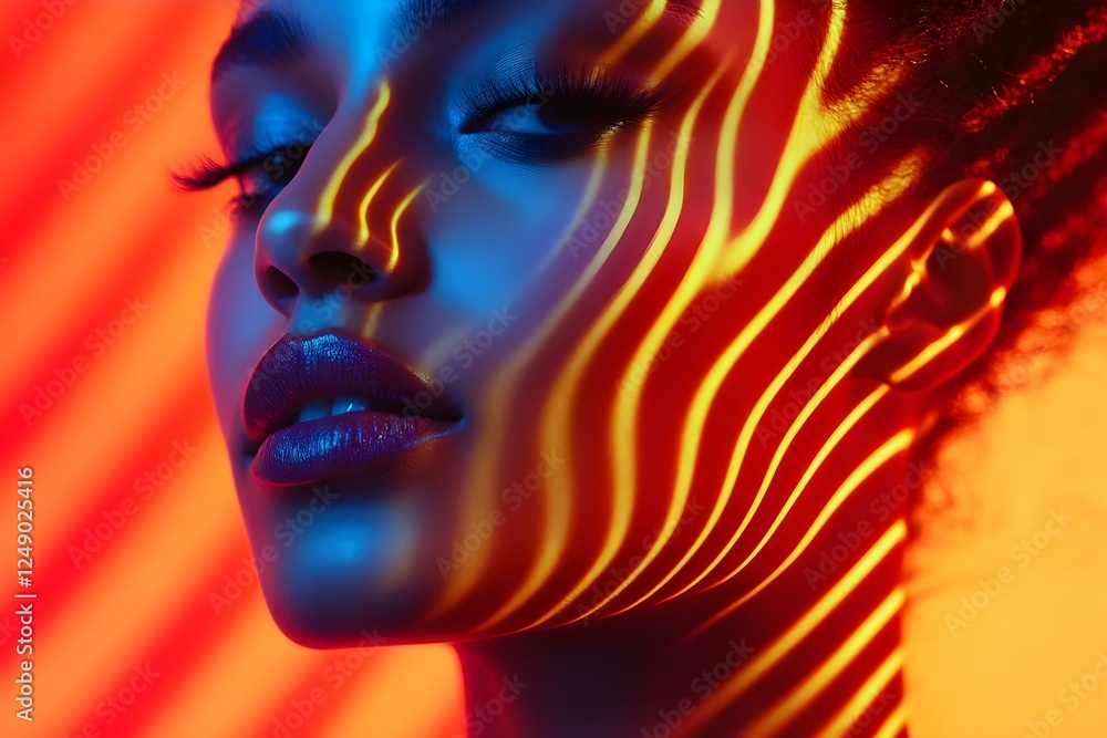 Poster a close-up portrait of a person with dramatic lighting and color patterns creating striking shadows 