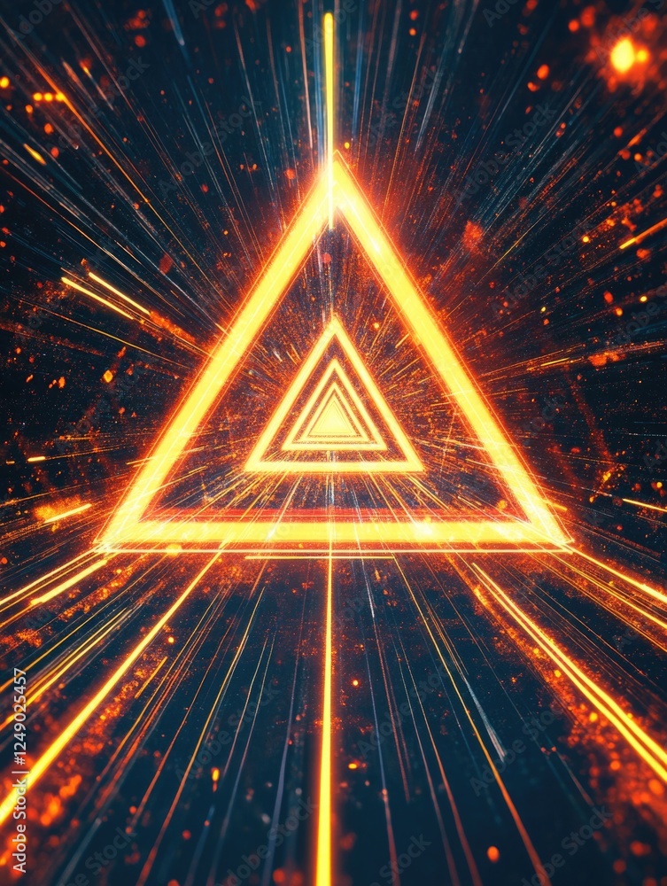 Poster futuristic digital interface with dynamic light effects and geometric symbol.