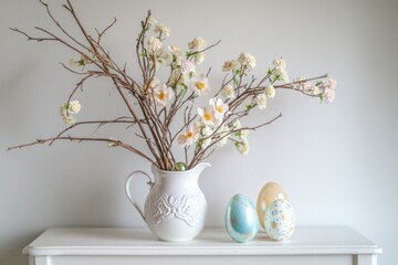 Decorative vase filled with flowers, sitting on a white shelf, symbolizing the season of spring and Easter celebrations.
