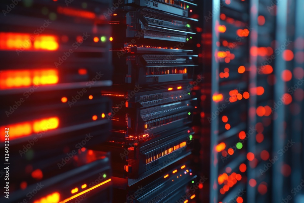 Poster close-up on computer server racks with red lighting.