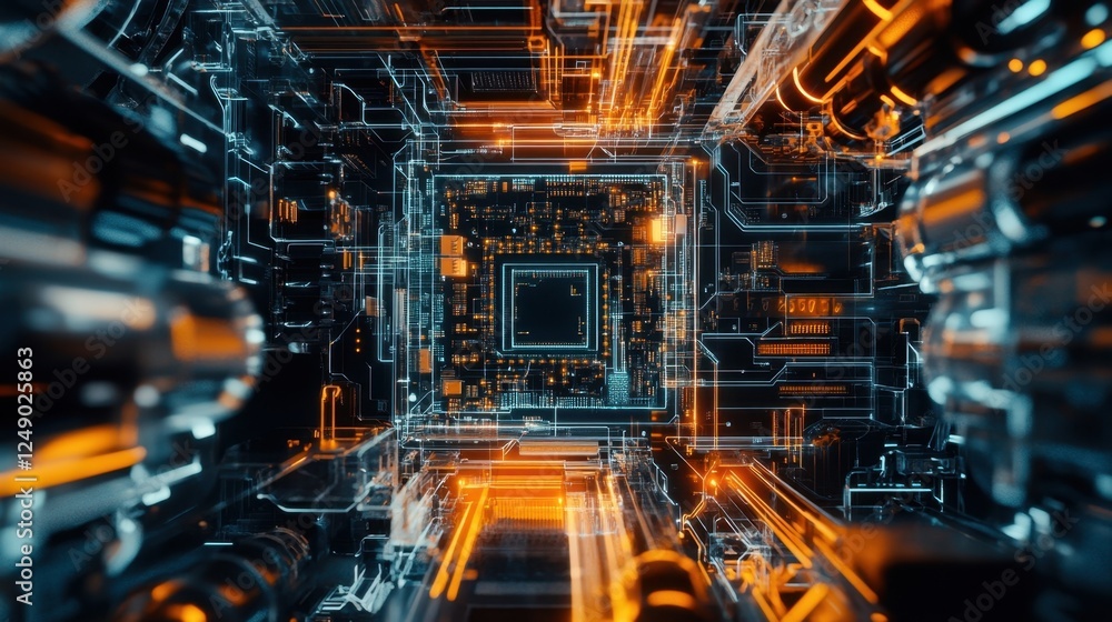 Poster digital representation of a futuristic circuit board, featuring intricate patterns and glowing orang