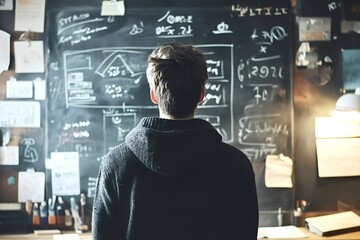 Young man stands in front of a blackboard filled with complex mathematical formulas and diagrams, deeply engaged in problem-solving, showcasing a focus on education and analytical thinking